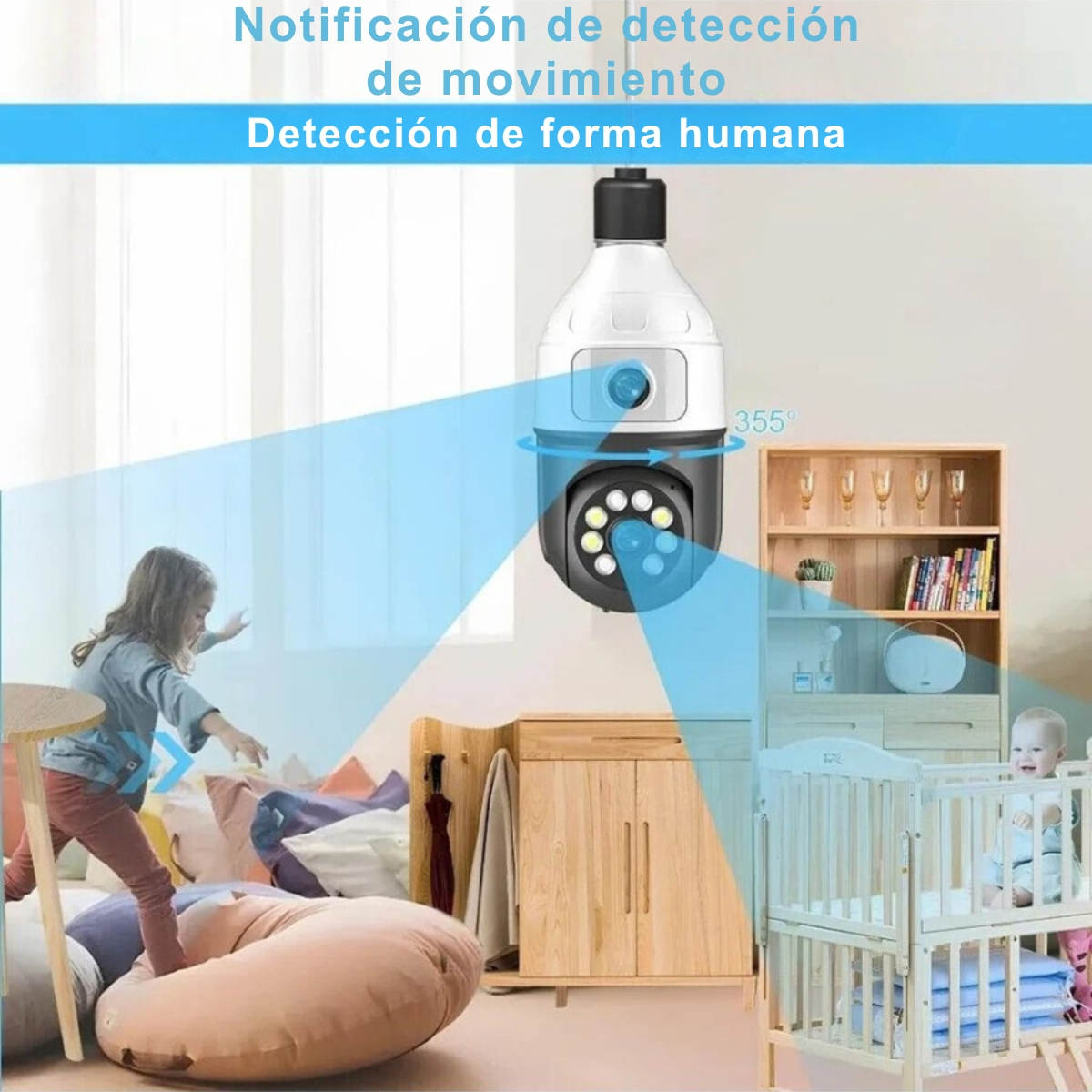 Una telecamera di sicurezza con un bambino nella stanza.