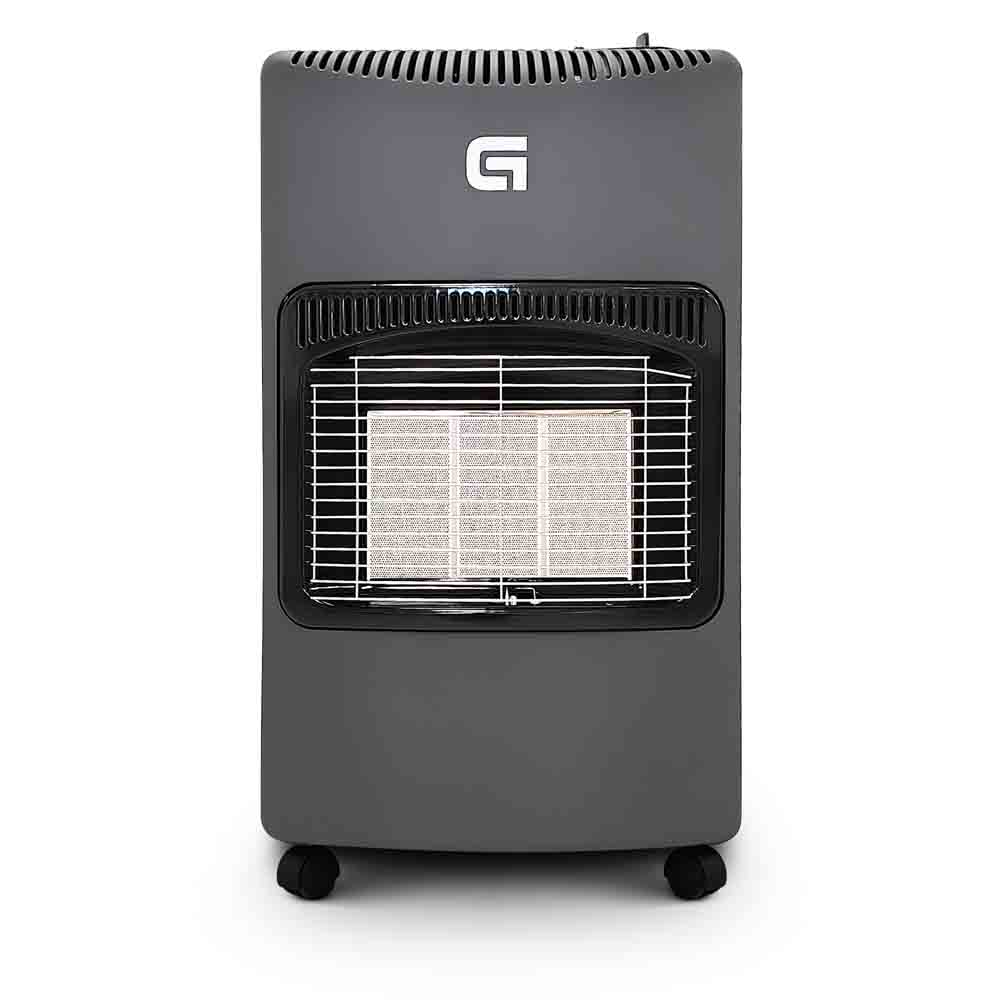 Un calentador de gas gris con parrilla y logo. Tiene una ventilación en la parte superior y ruedas.