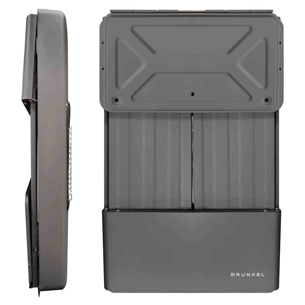 Un calentador exterior de metal gris con la parte superior abierta y vista lateral. La marca GRUNKEL está impresa en la parte inferior.