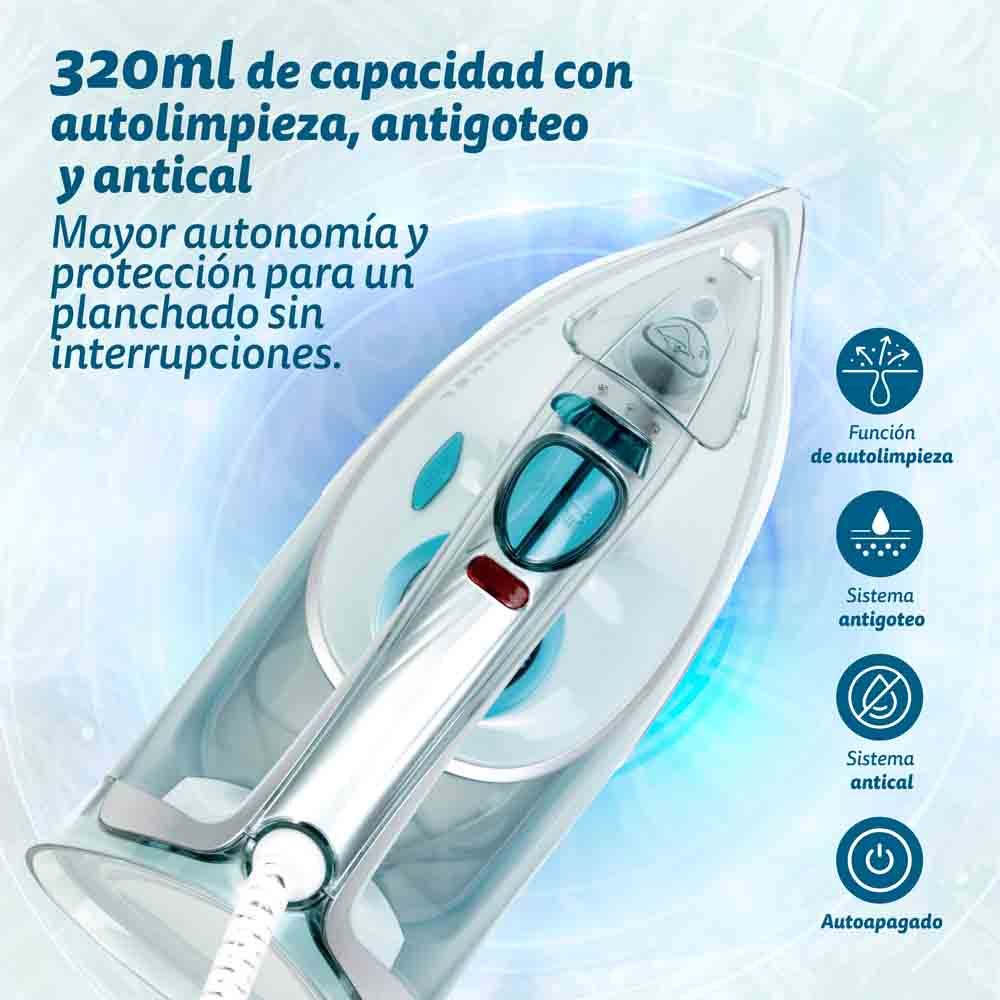 Plancha, con depósito de agua y función autolimpiante.