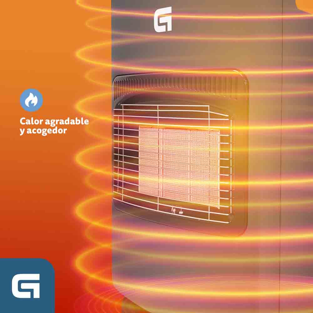 Un calefactor con interior brillante, emitiendo luz naranja. La palabra 'G' es visible en la parte superior e inferior de la imagen.