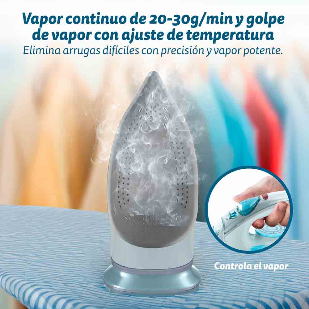 Una plancha de vapor en acción. Sale vapor blanco. Texto en español visible.
