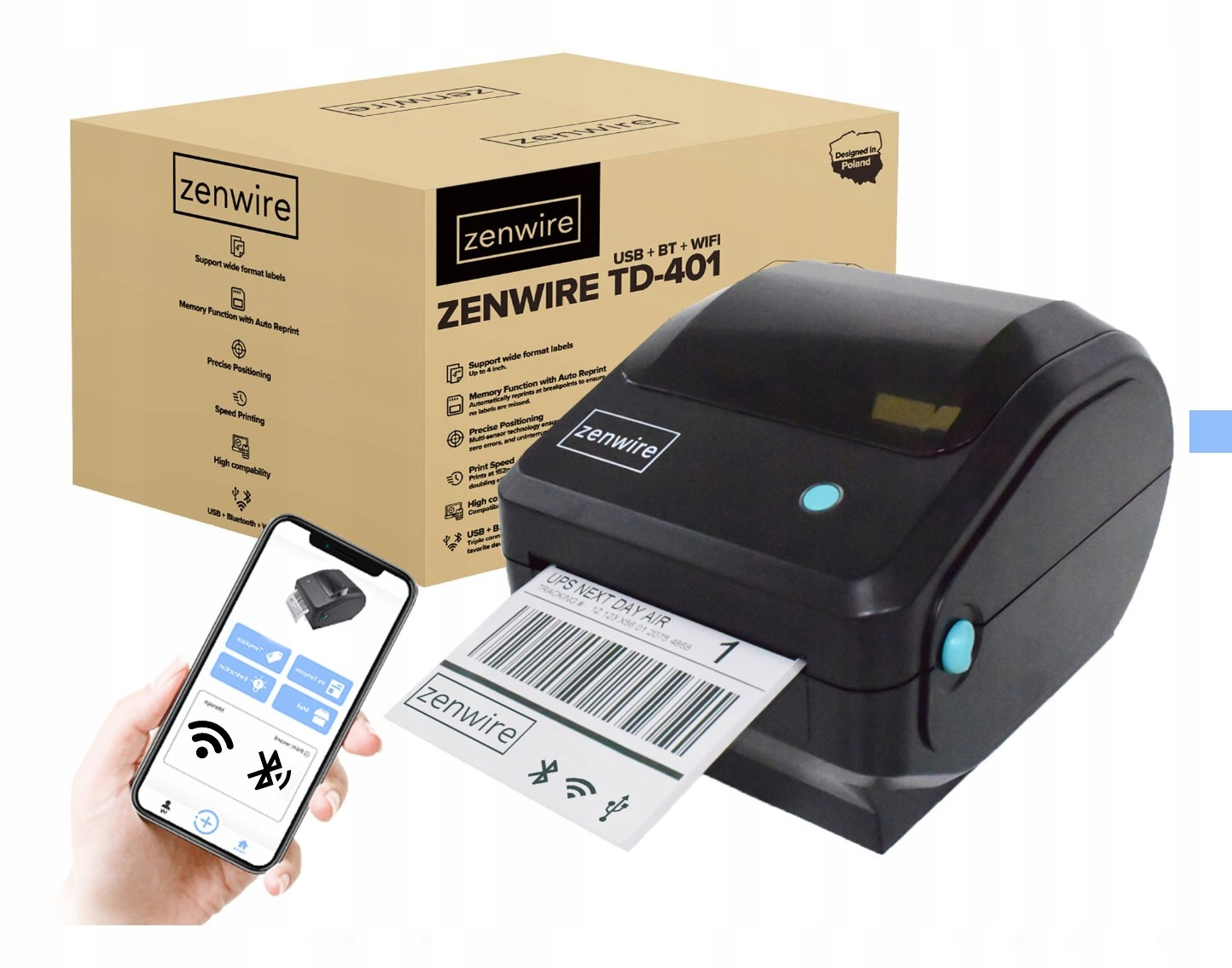 Czarna drukarka z pudełkiem, telefon z aplikacją, etykieta z kodem kreskowym.