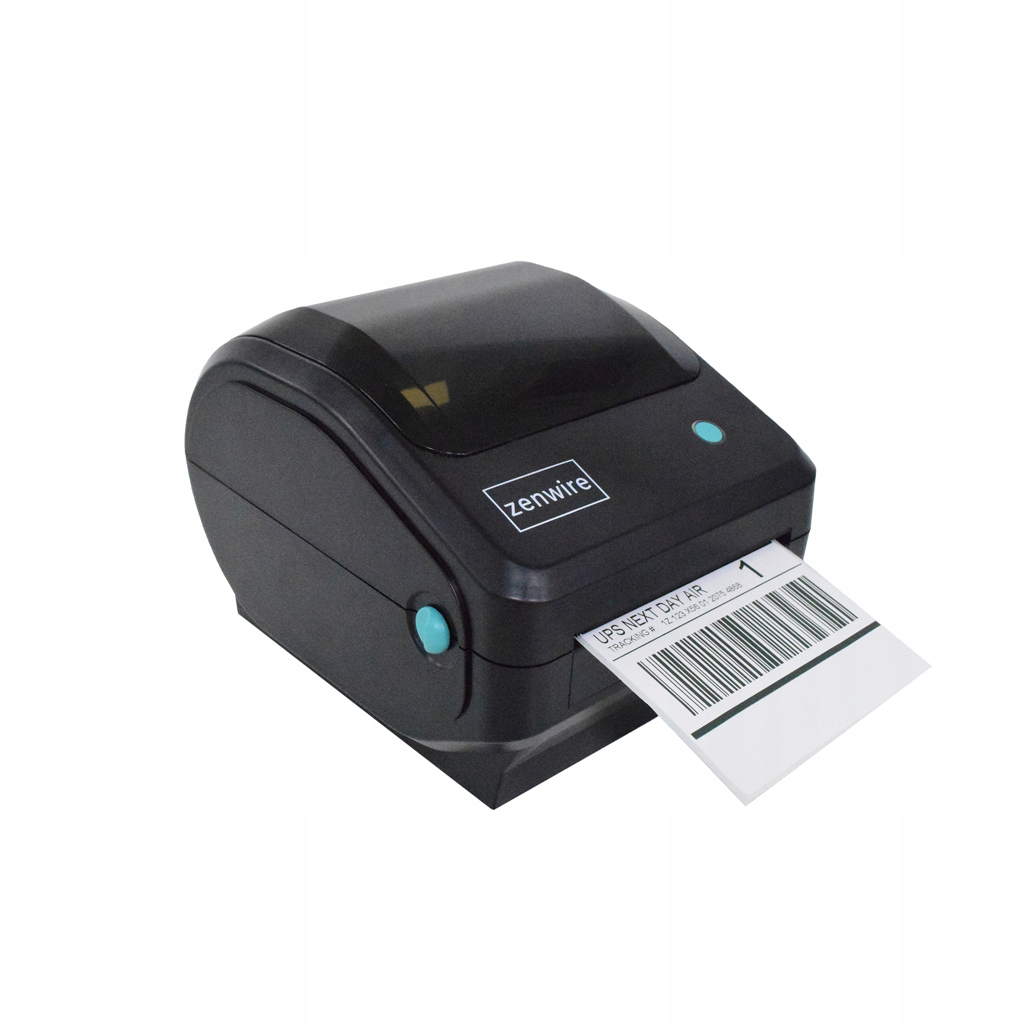 Czarna termiczna drukarka etykiet z wydrukowaną etykietą. Ma niebieski i czarny przycisk.