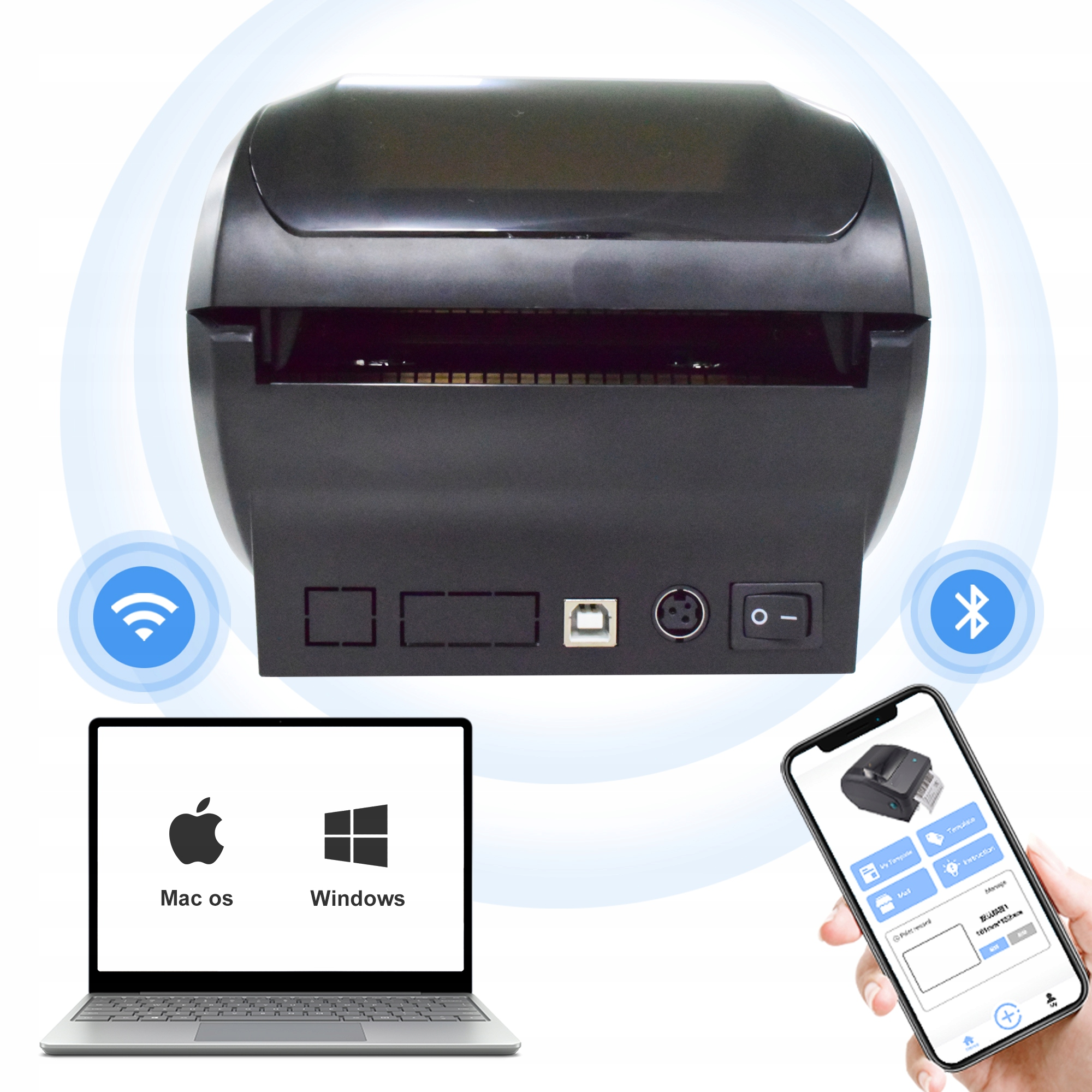 Czarna drukarka z portami Bluetooth i USB. Laptop z Mac OS i Windows. Smartfon z aplikacją.