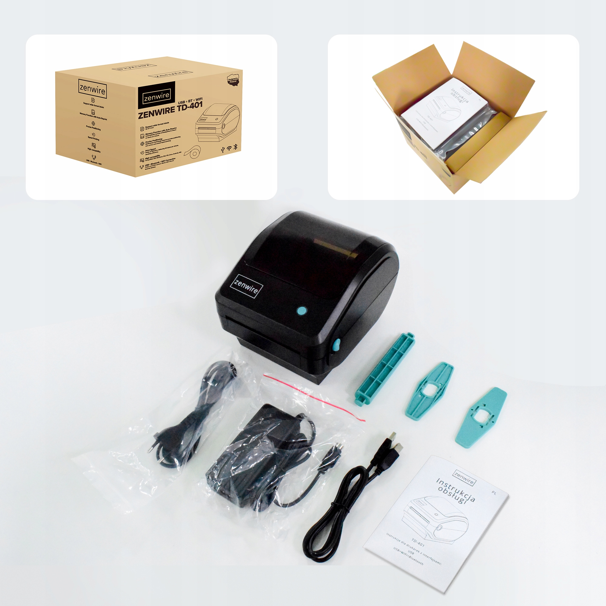 Drukarka i akcesoria na białym tle, pudełka na górze.