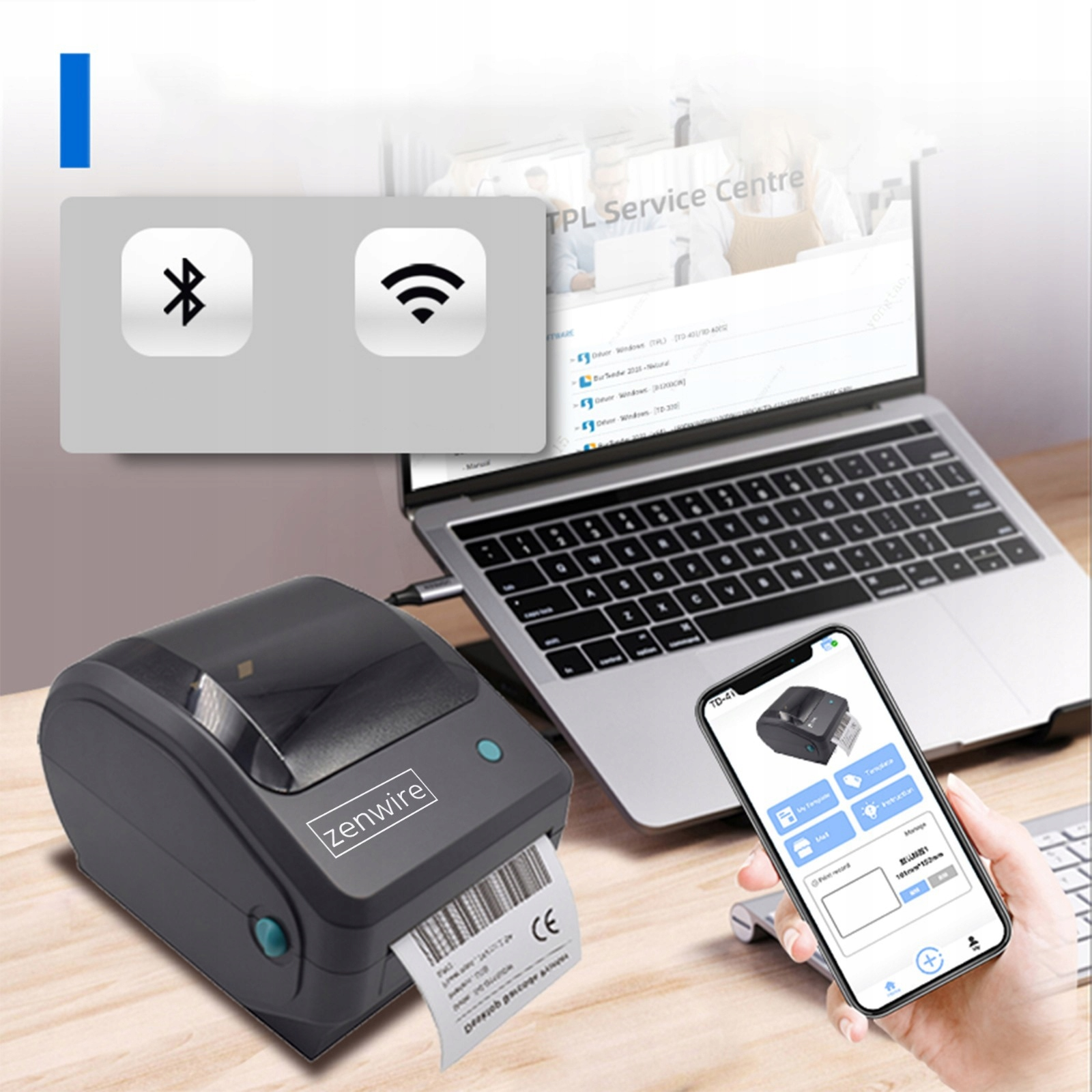 Drukarka z telefonem i laptopem. Wyświetlane są ikony Bluetooth i Wi-Fi. Widoczna etykieta paczki.