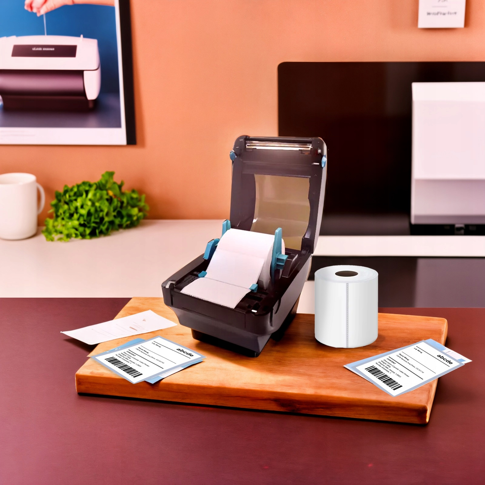 Drukarka etykiet z otwartą pokrywą, rolka papieru i wydrukowane etykiety na drewnianej desce. Tło z nadrukami.