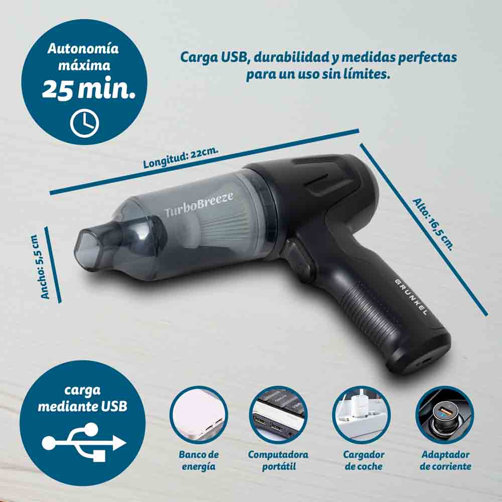 Un aspirapolvere portatile nero e grigio con ricarica USB ed etichette delle dimensioni del prodotto.