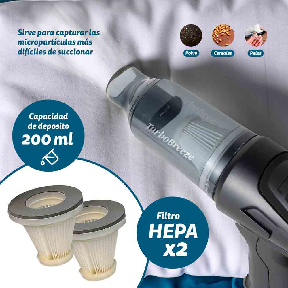 Aspirapolvere portatile con filtro. Il testo dice 'TurboBreeze'. Mostra polvere, cereali e peli.