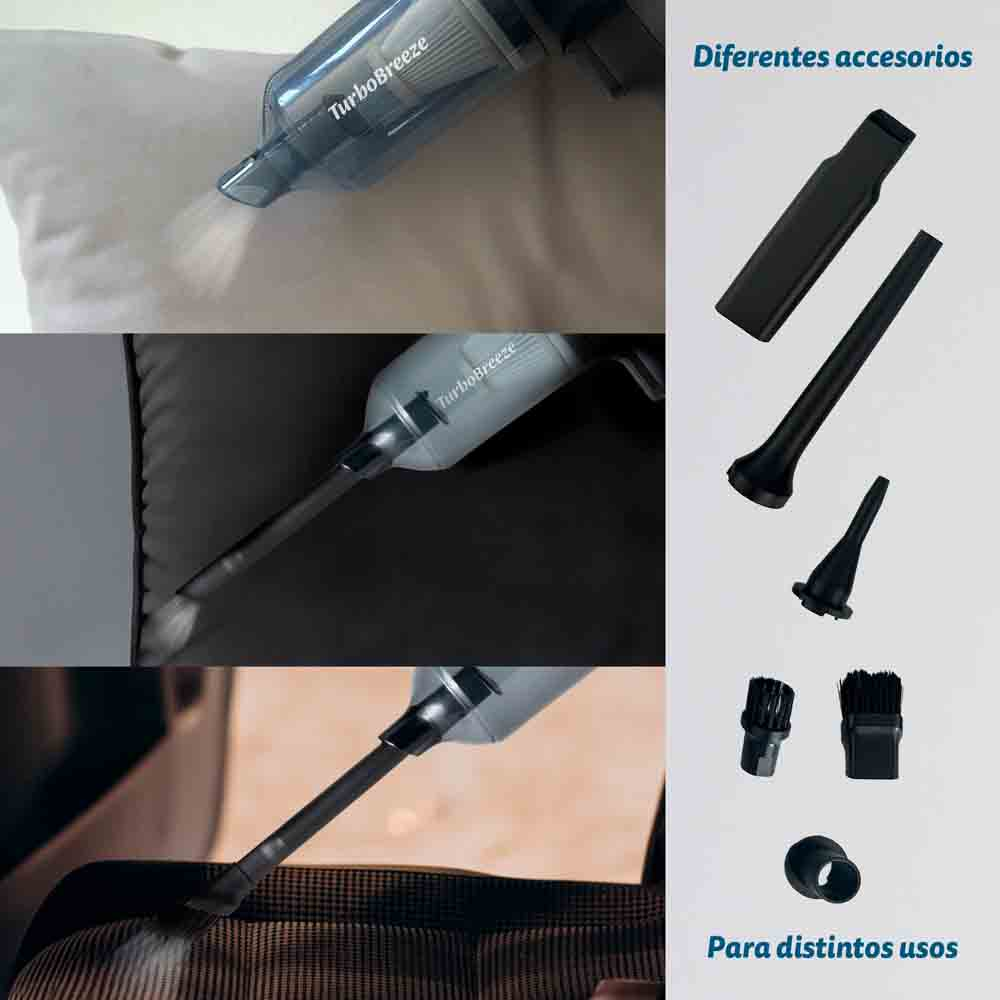 Un aspirapolvere a mano in uso, con vari accessori e il testo 'TurboBreeze'.