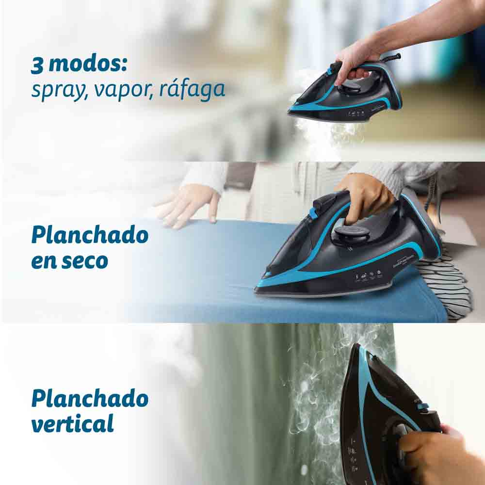 Plancha que muestra tres modos: rociado, vapor, ráfaga. Muestra planchado en seco y vapor vertical.