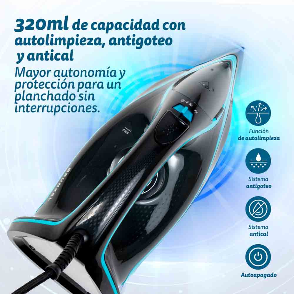 Plancha negra con detalles turquesa. Texto describe autolimpieza, antigoteo y apagado automático.
