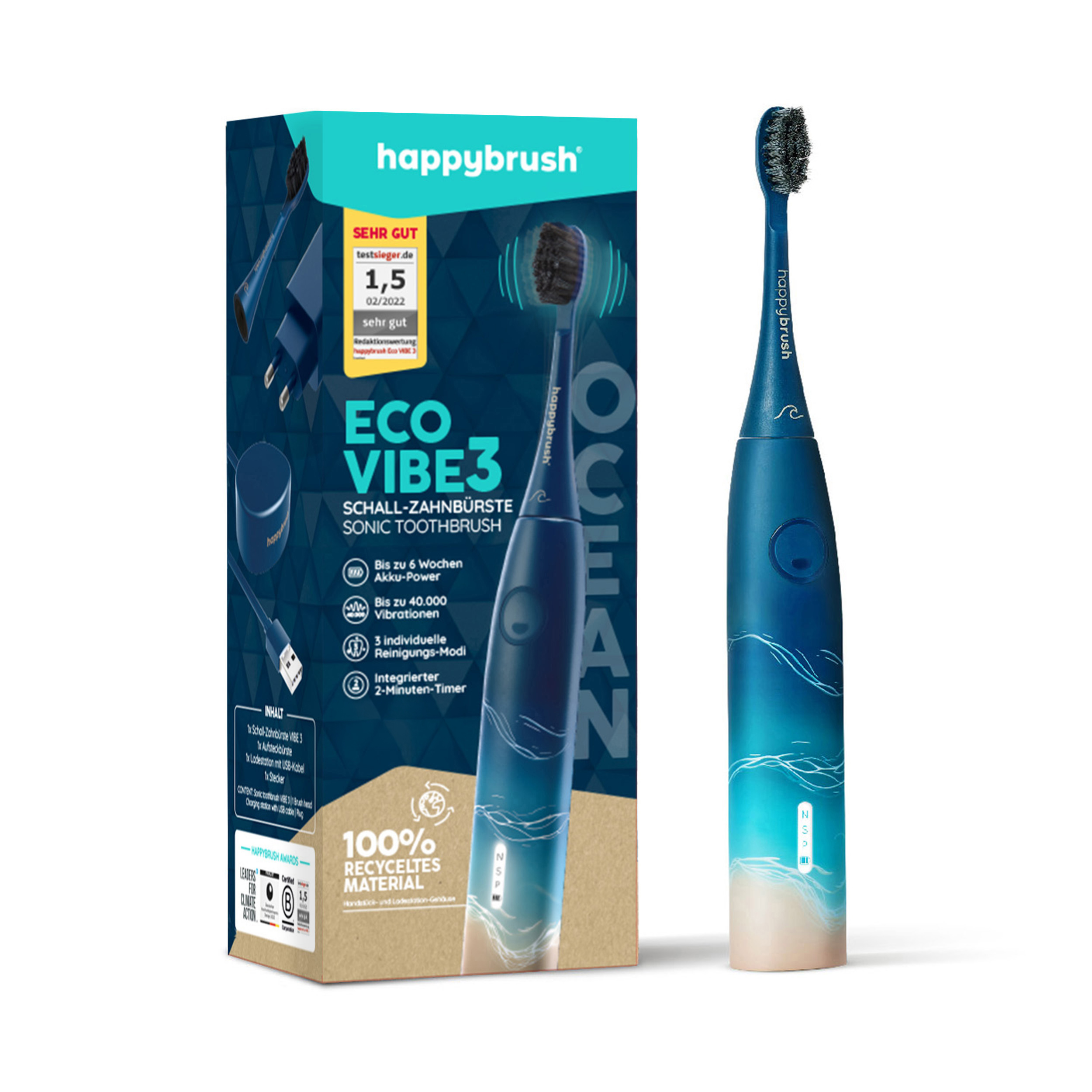Niebieska szczoteczka do zębów z opakowaniem. Na pudełku napis: ECO VIBE3 Sonic Toothbrush, jest też kabel do ładowania.