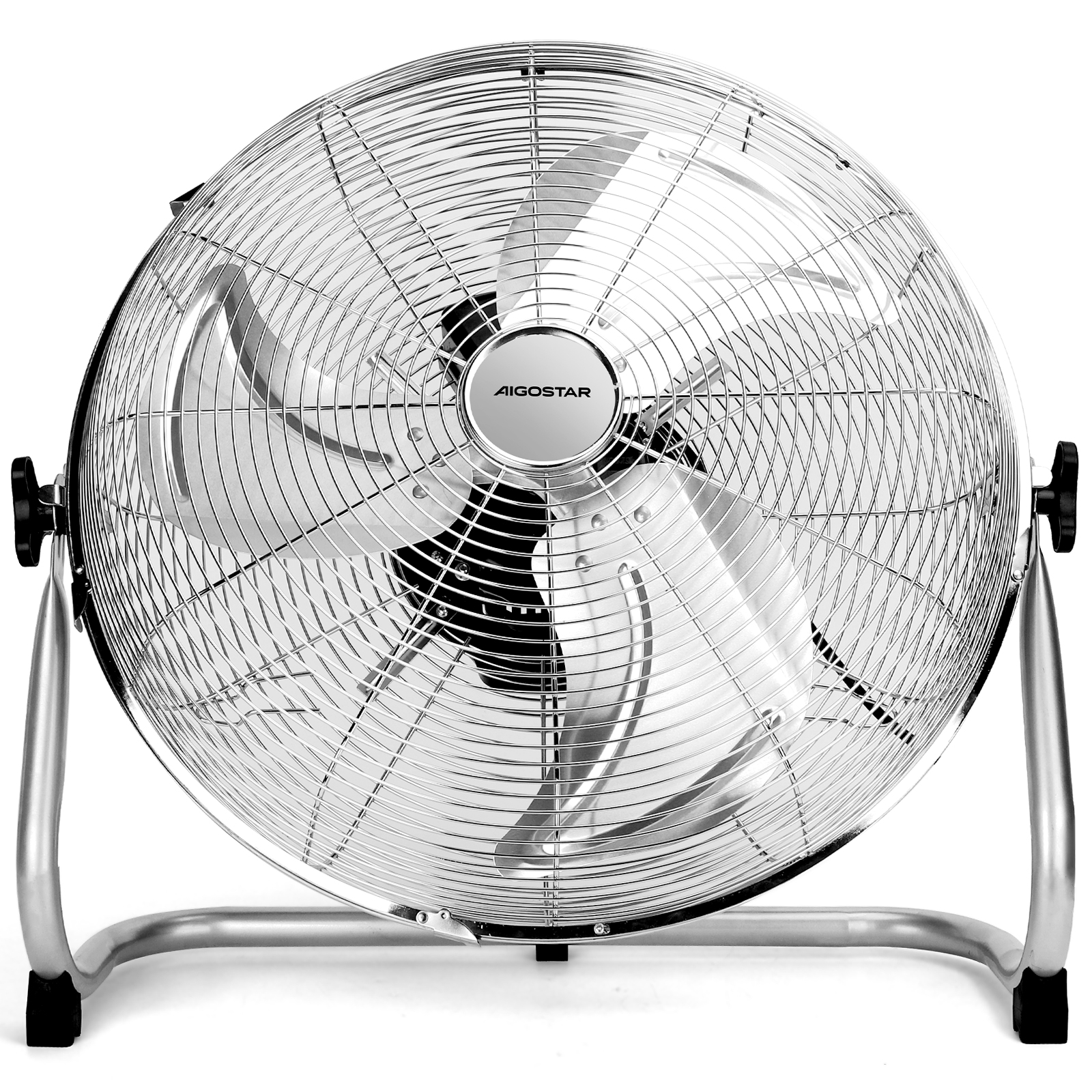 Un ventilador plateado Aigostar con tres aspas y marco metálico, sobre fondo blanco.