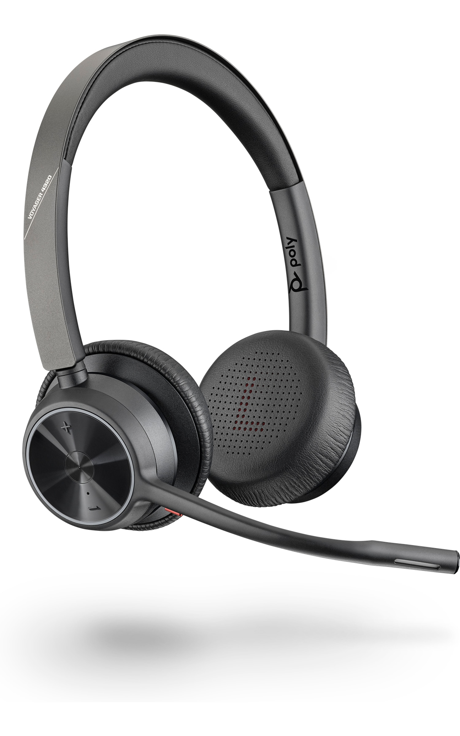 Cuffie wireless nere e grigie con microfono e logo Poly sul lato.