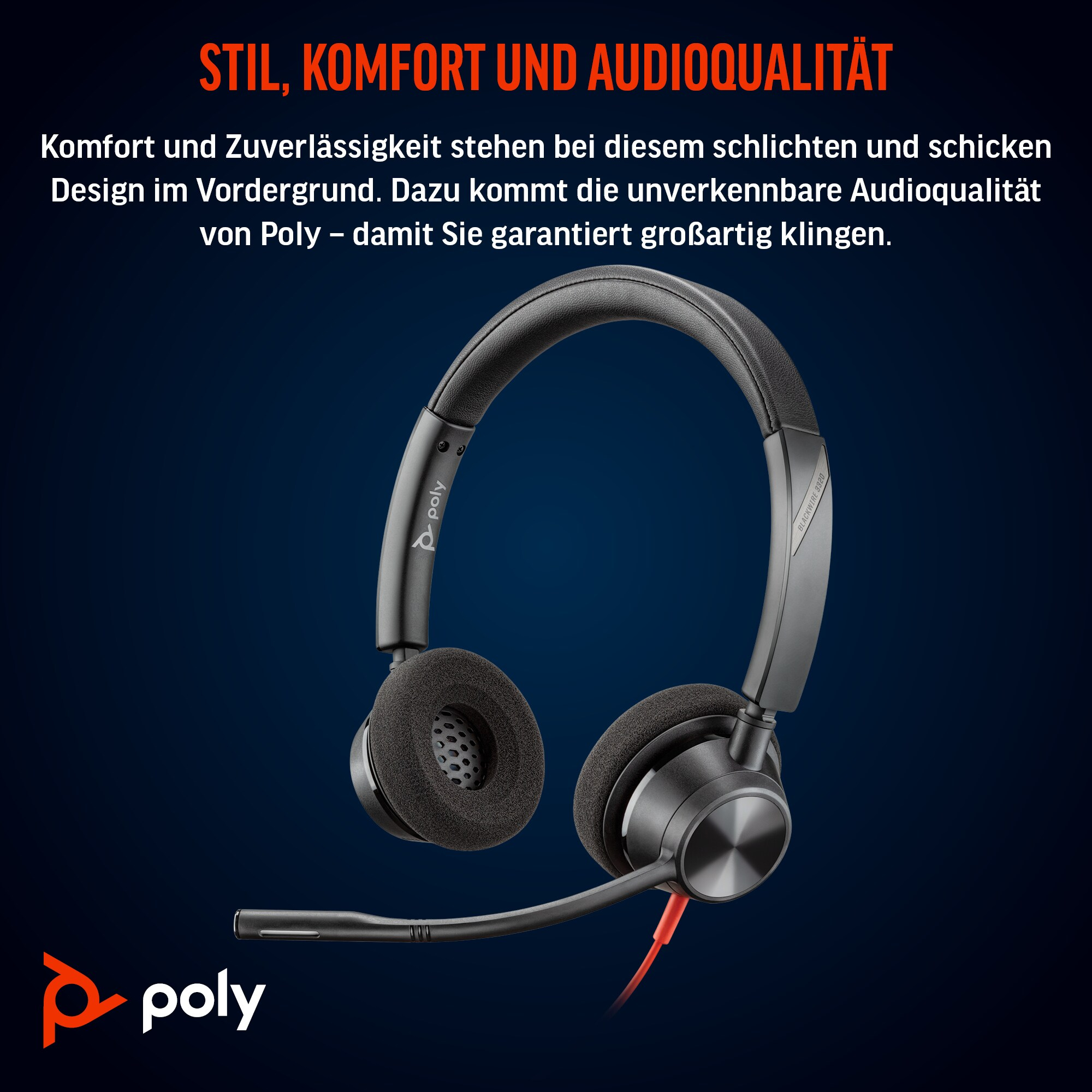 Cuffie nere con microfono e la parola 'poly' sulle cuffie e in basso a sinistra.
