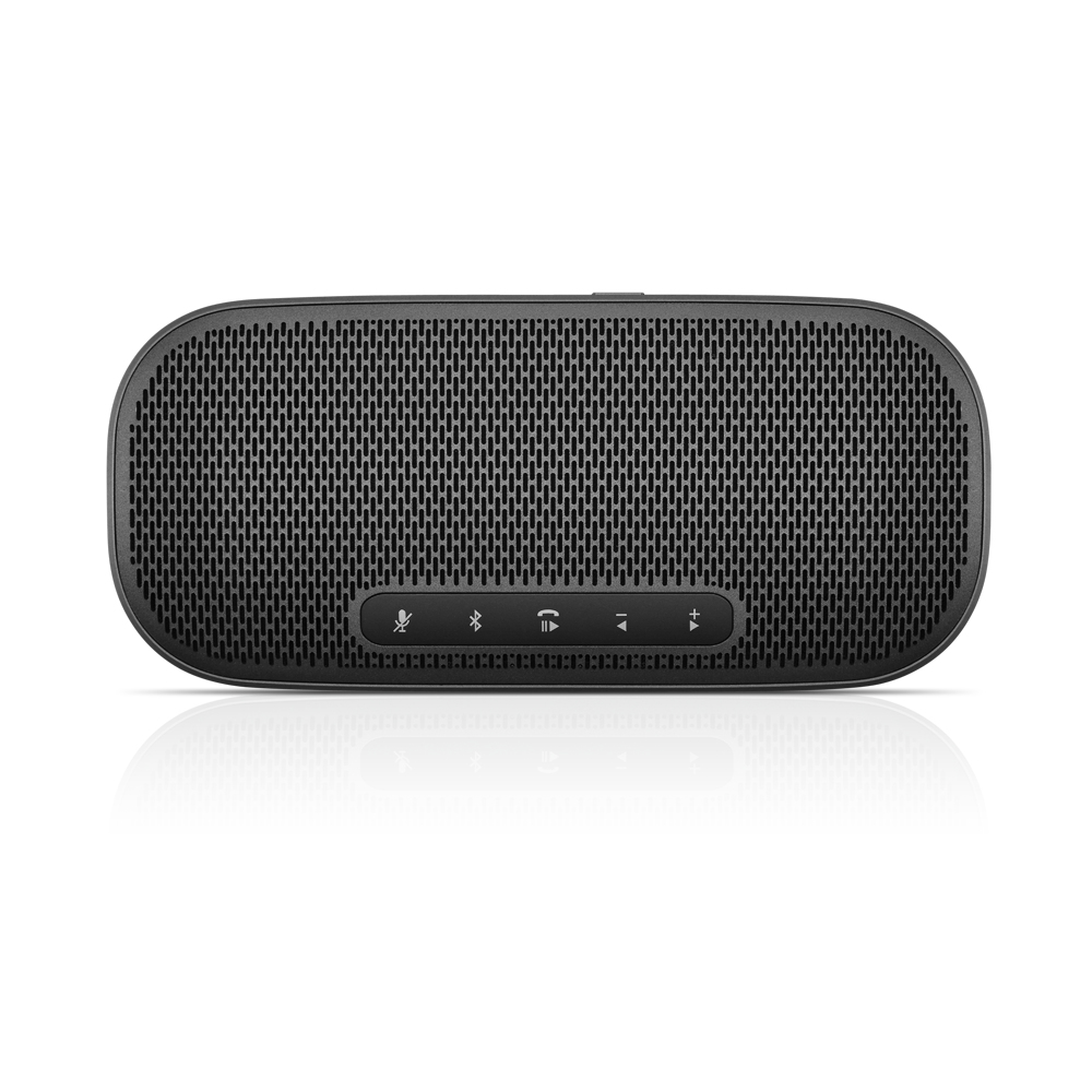 Un altavoz negro y rectangular con botones de control. Está sobre un fondo blanco.