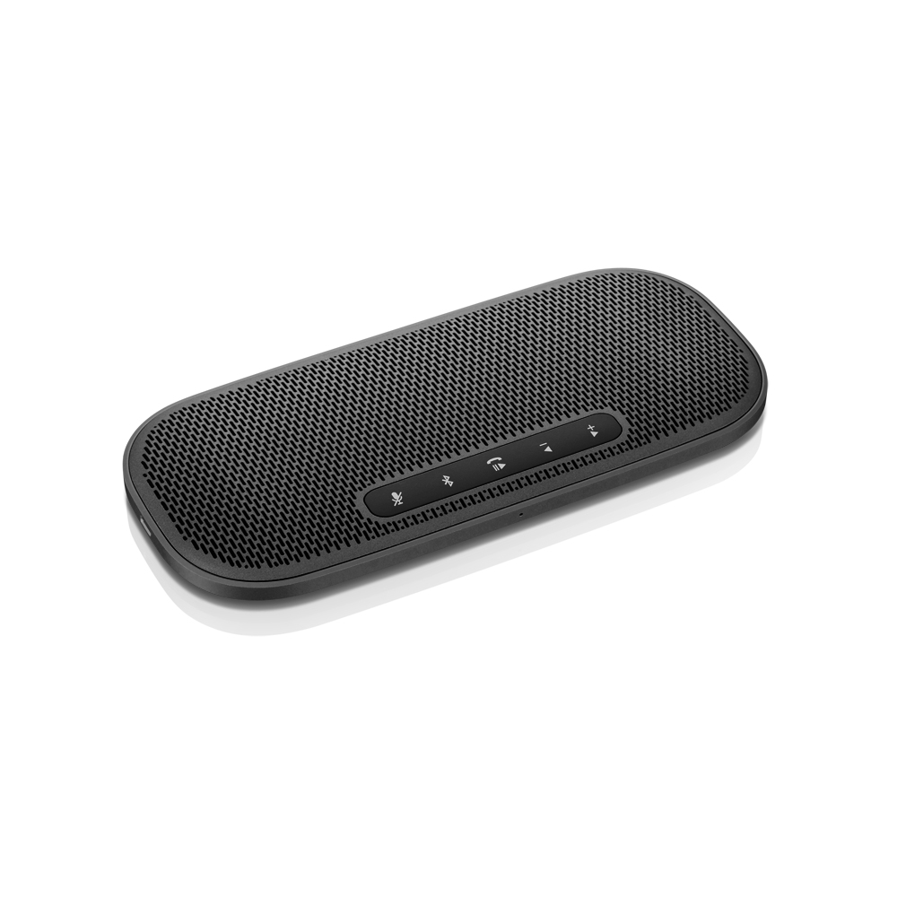 Un altavoz negro con botones en la parte superior, sobre un fondo blanco. El altavoz tiene forma ovalada.
