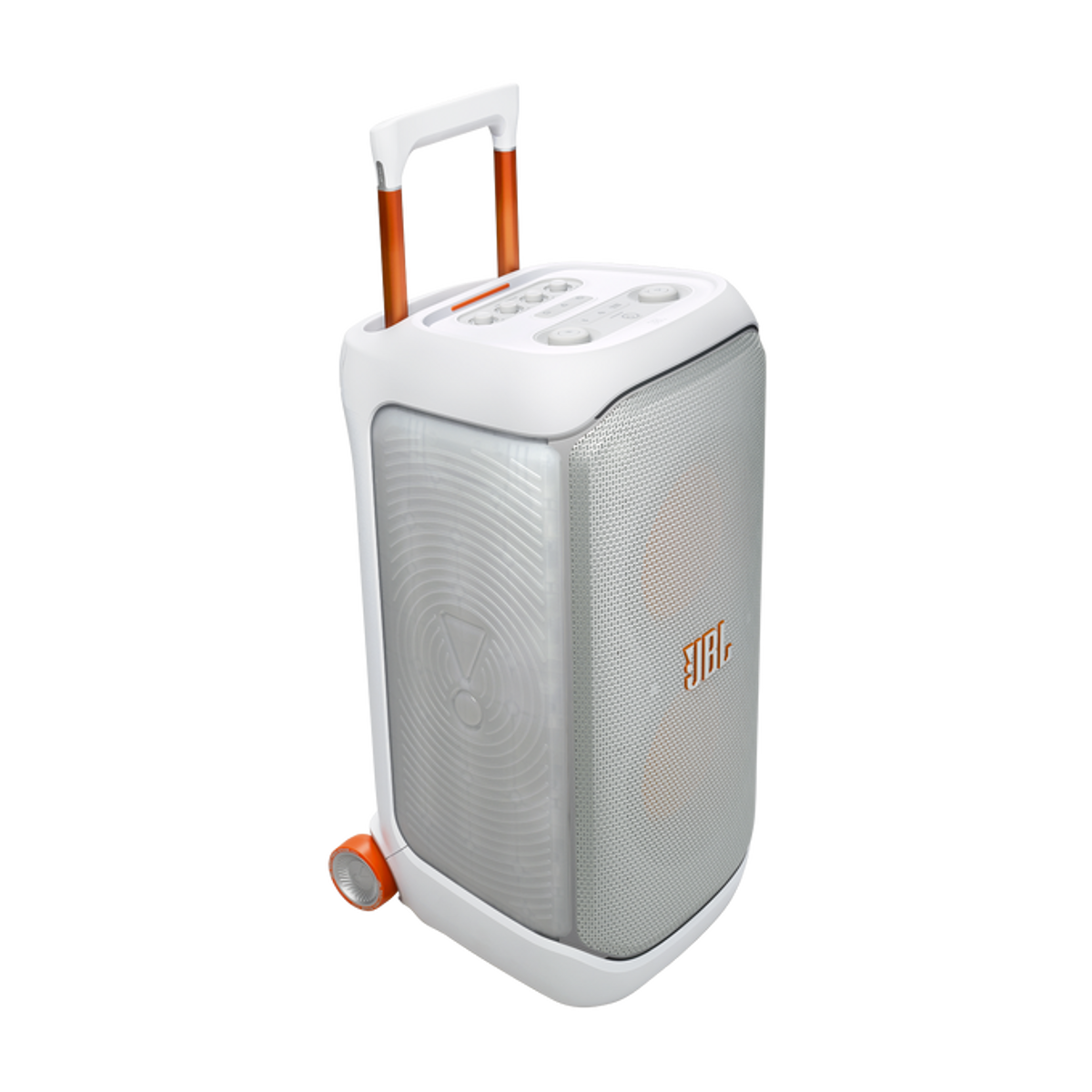 Weißer JBL PartyBox-Lautsprecher mit orangefarbenen Akzenten. Die Front ist ein Lautsprechergitter.
