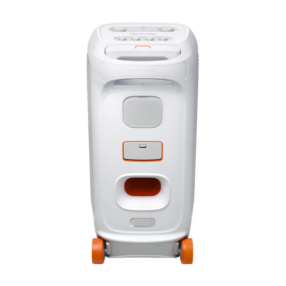 Rückansicht eines weißen JBL PartyBox-Lautsprechers mit orangefarbenen Rädern und Griff. Bedienfeld oben.