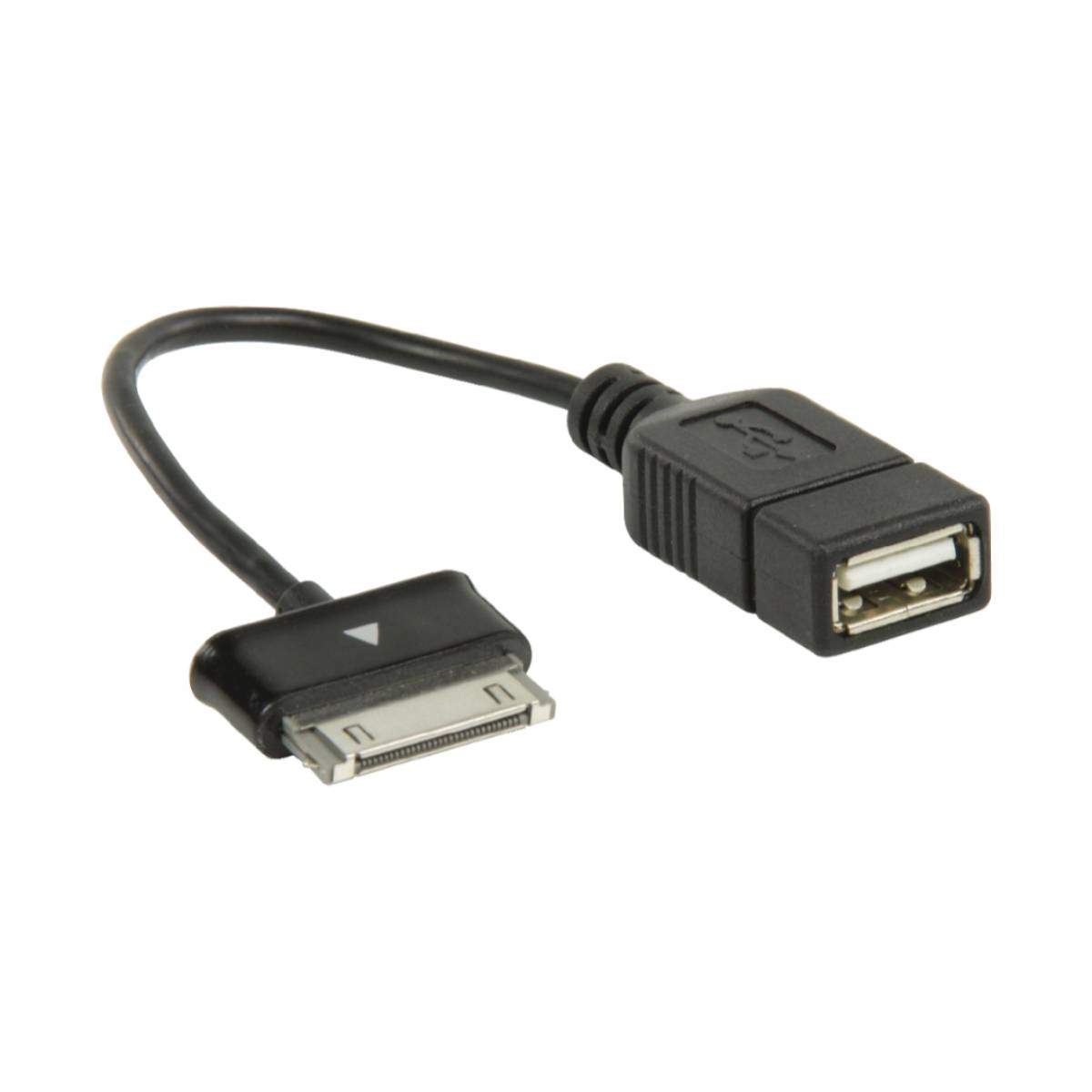 Zwarte adapterkabel met een iPad-connector en een USB-poort.