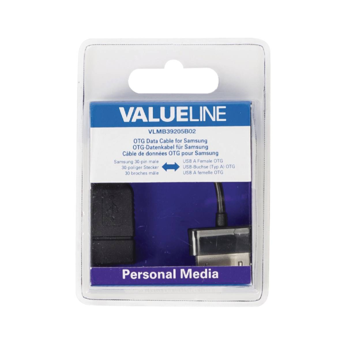 Zwarte adapterkabel in een doorzichtige plastic verpakking met een blauw en wit label.