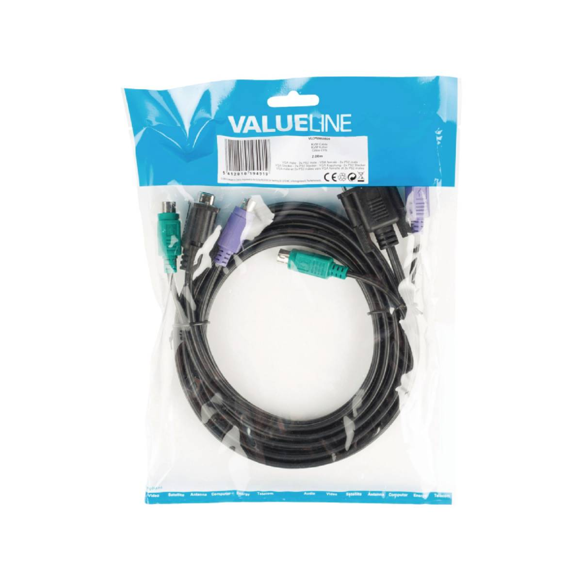 Cavi e connettori in una confezione di plastica trasparente, con etichetta blu e bianca.