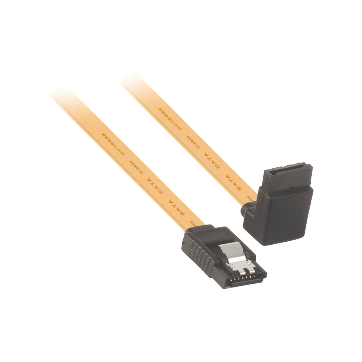 Dwa kable danych SATA, w kolorze beżowym, z czarnymi złączami na białym tle.