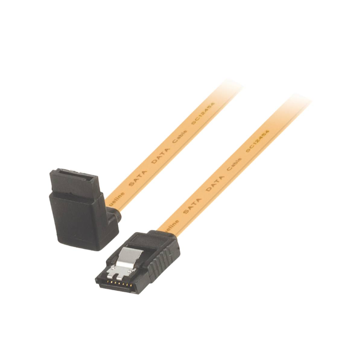 Dwa kable danych SATA, w kolorze beżowym, z czarnymi złączami na białym tle.