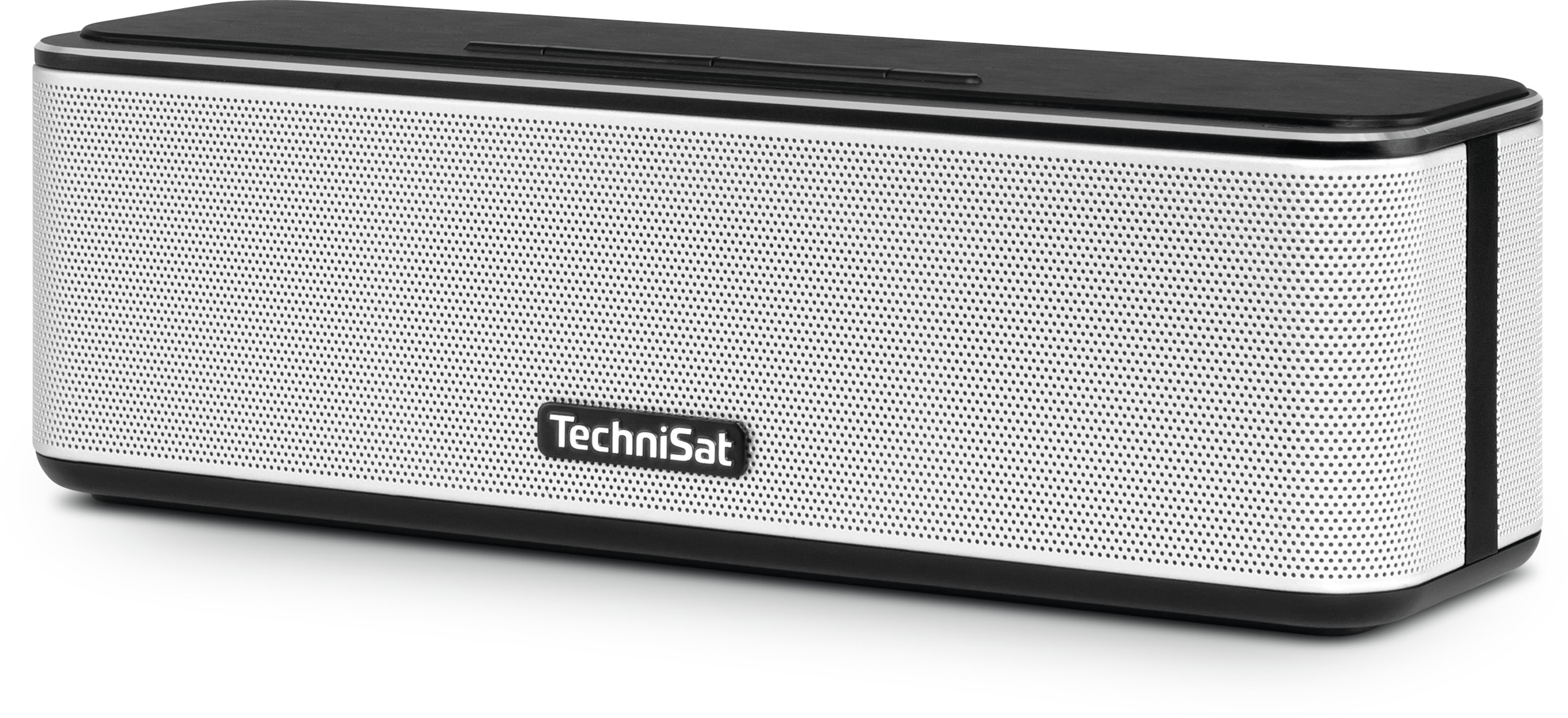 Czarny i srebrny głośnik soundbar na białej powierzchni. Z przodu widnieje napis Technisat.