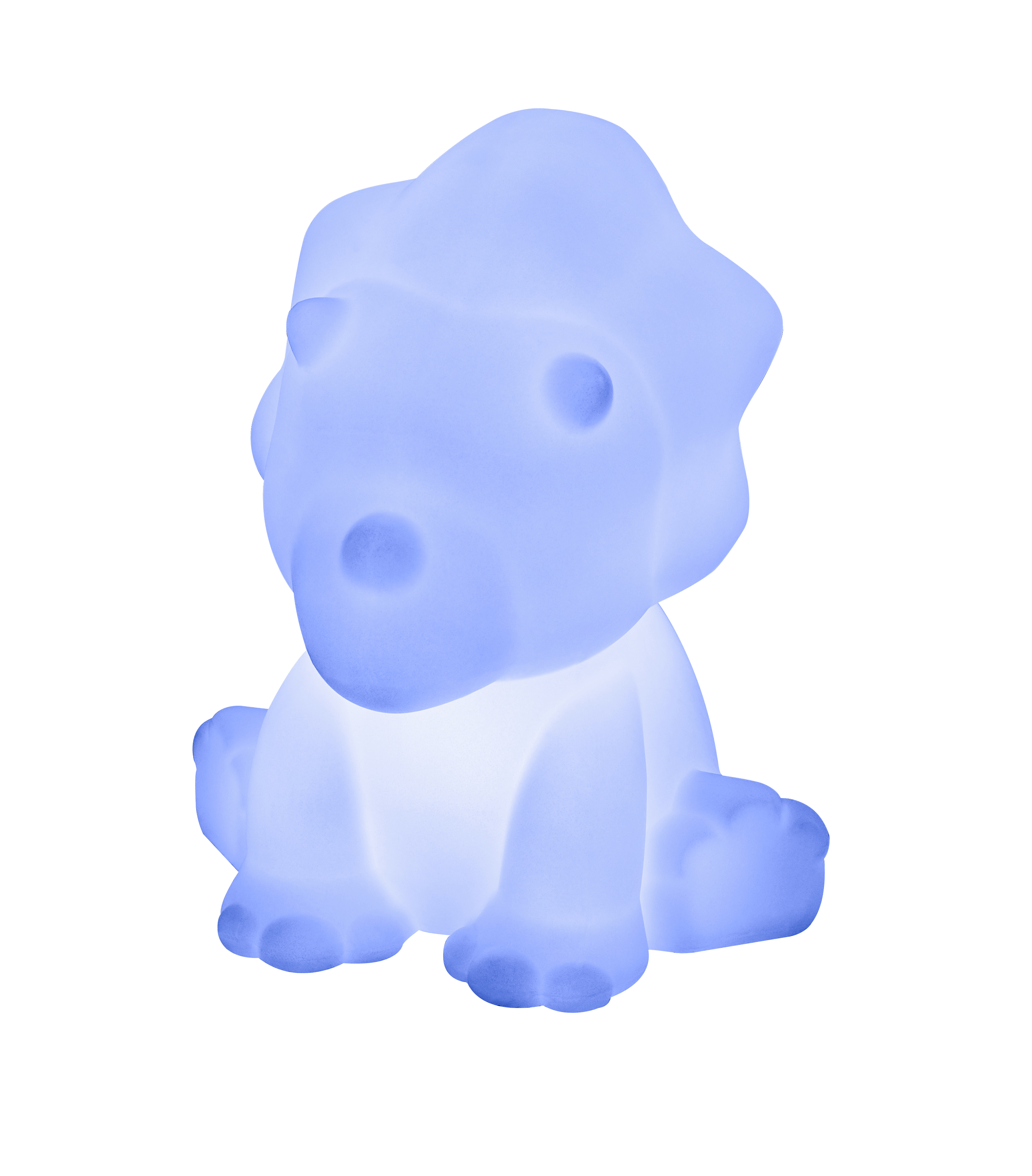 Niebieska świecąca lampa z dinozaurem z kreskówki. To triceratops, siedzący z nogami do przodu.