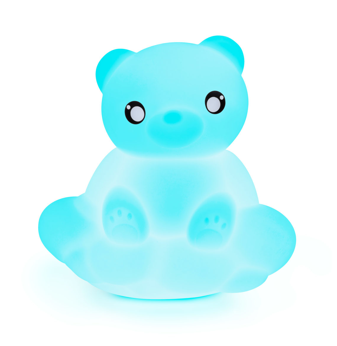 Niebieska lampka nocna w kształcie misia. Z oczami i śladami łap.