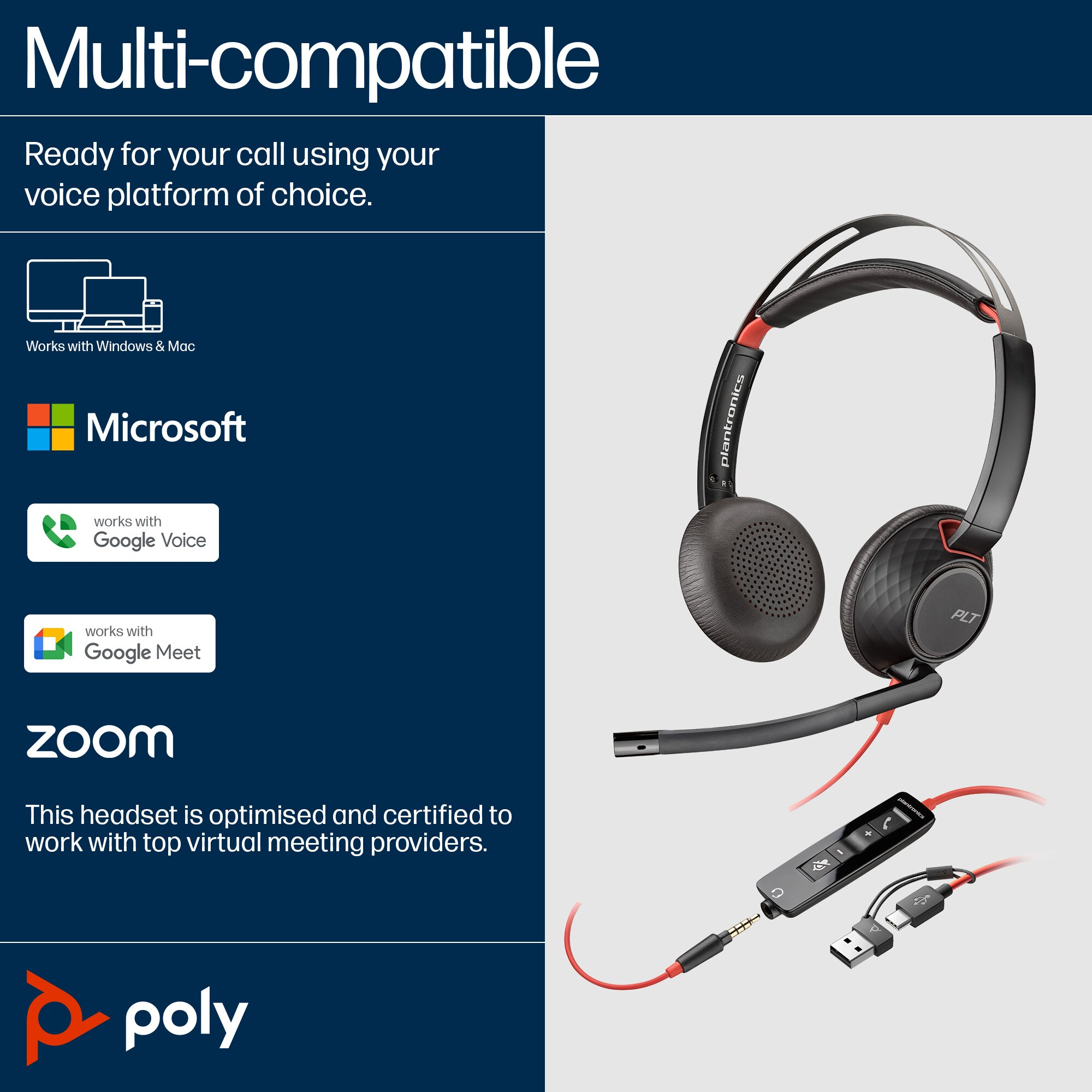 Cuffie mostrate con icone di software compatibili. Testo "Multicompatibile".