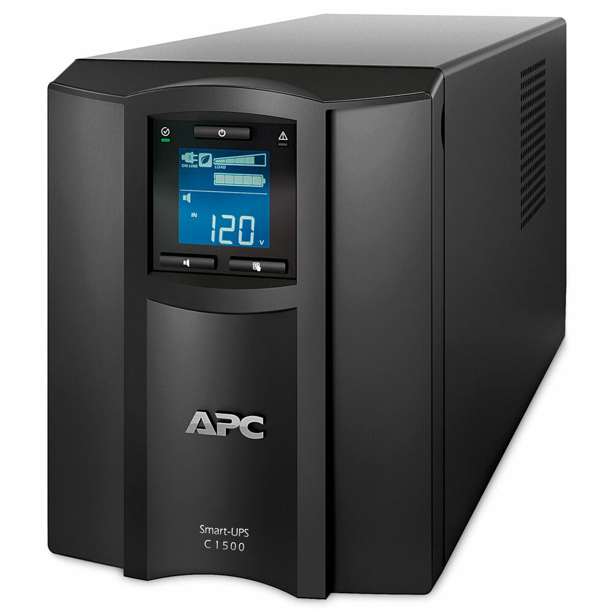 Ein schwarzes APC Smart-UPS C1500. Es hat ein digitales Display, das die Spannung anzeigt.