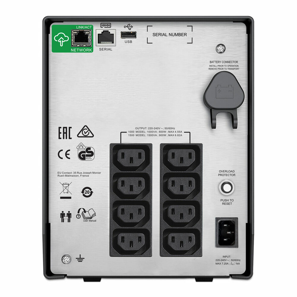 Rückansicht einer USV mit Steckdosen, Eingängen und Beschriftungen. Enthält Seriennummer, Netzwerk, Batterieverbindung und Überlastschutz.