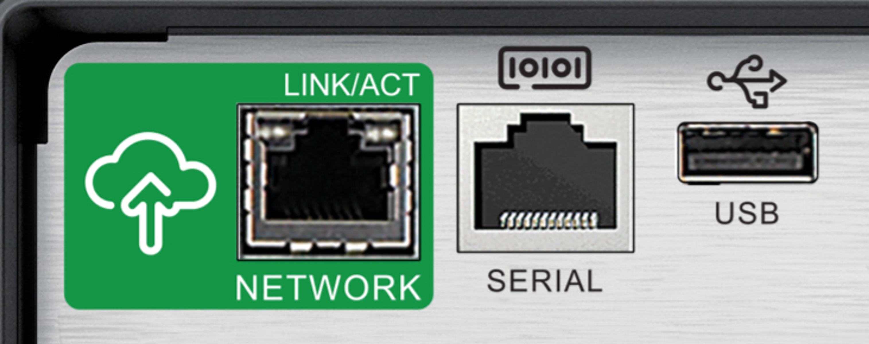 Netzwerk-, serielle Anschlüsse, USB und Cloud-Upload-Symbole.