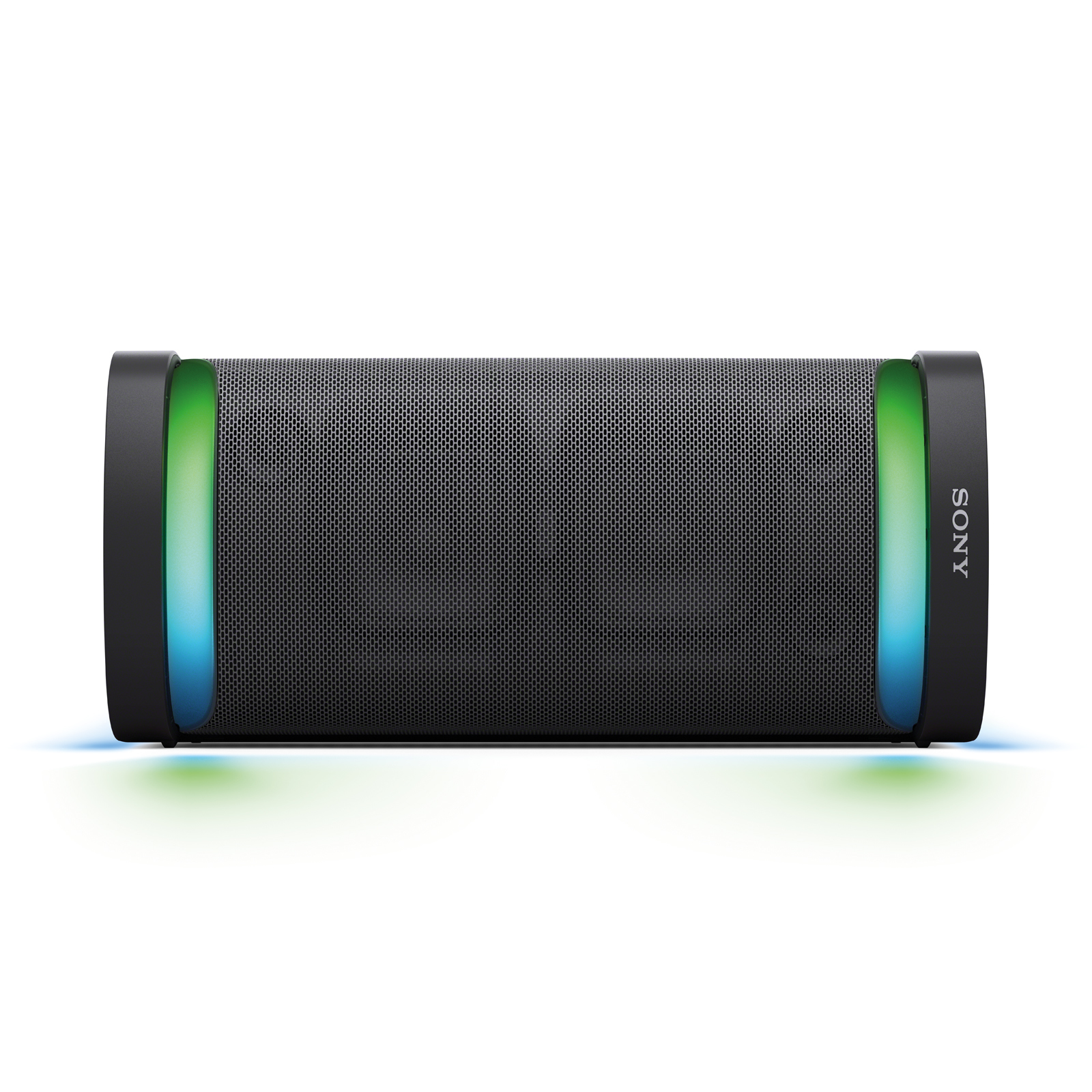 Ein schwarzer zylindrischer SONY-Lautsprecher mit grünen und blauen Lichtakzenten auf weißem Hintergrund.