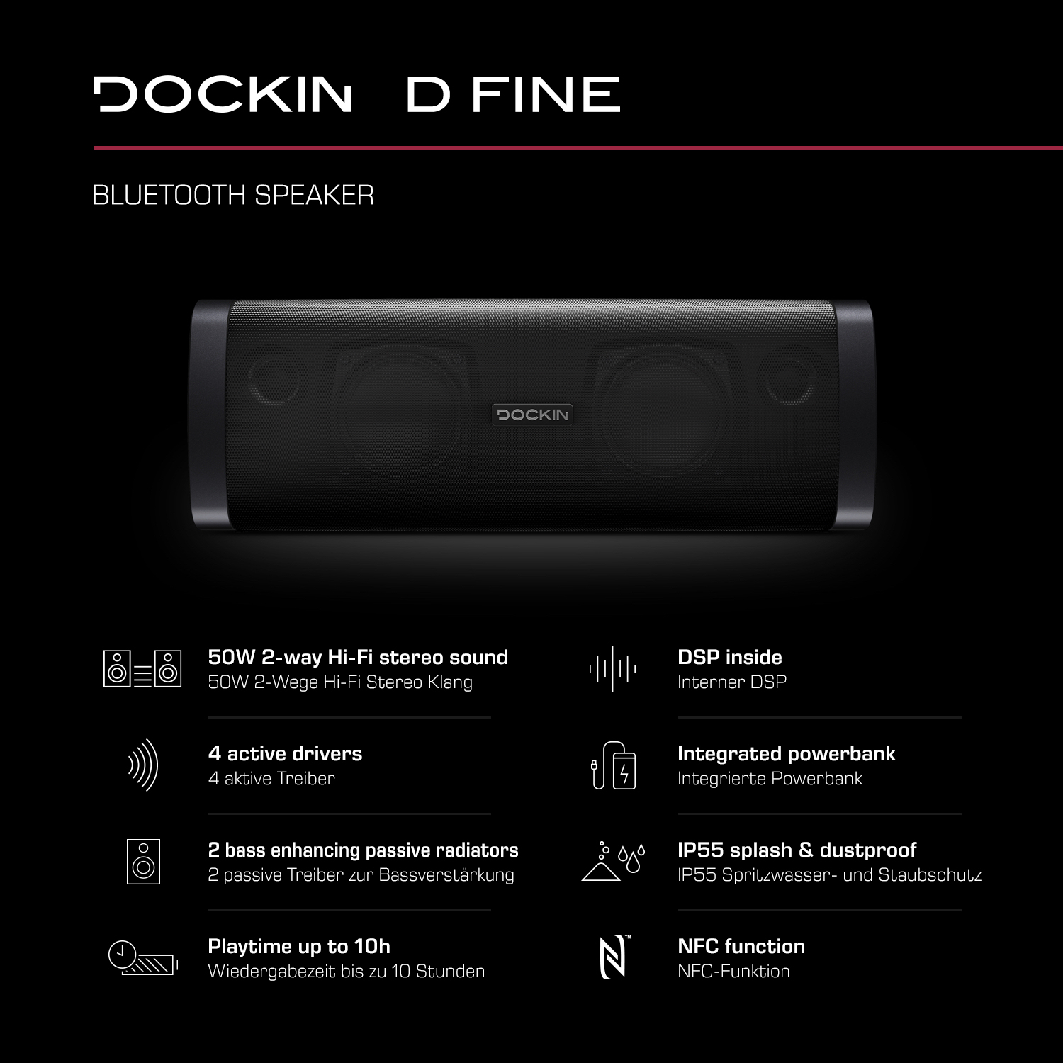Schwarzer Dockin D Fine Bluetooth-Lautsprecher. Text auf dem Hintergrund mit Spezifikationen und Funktionen.
