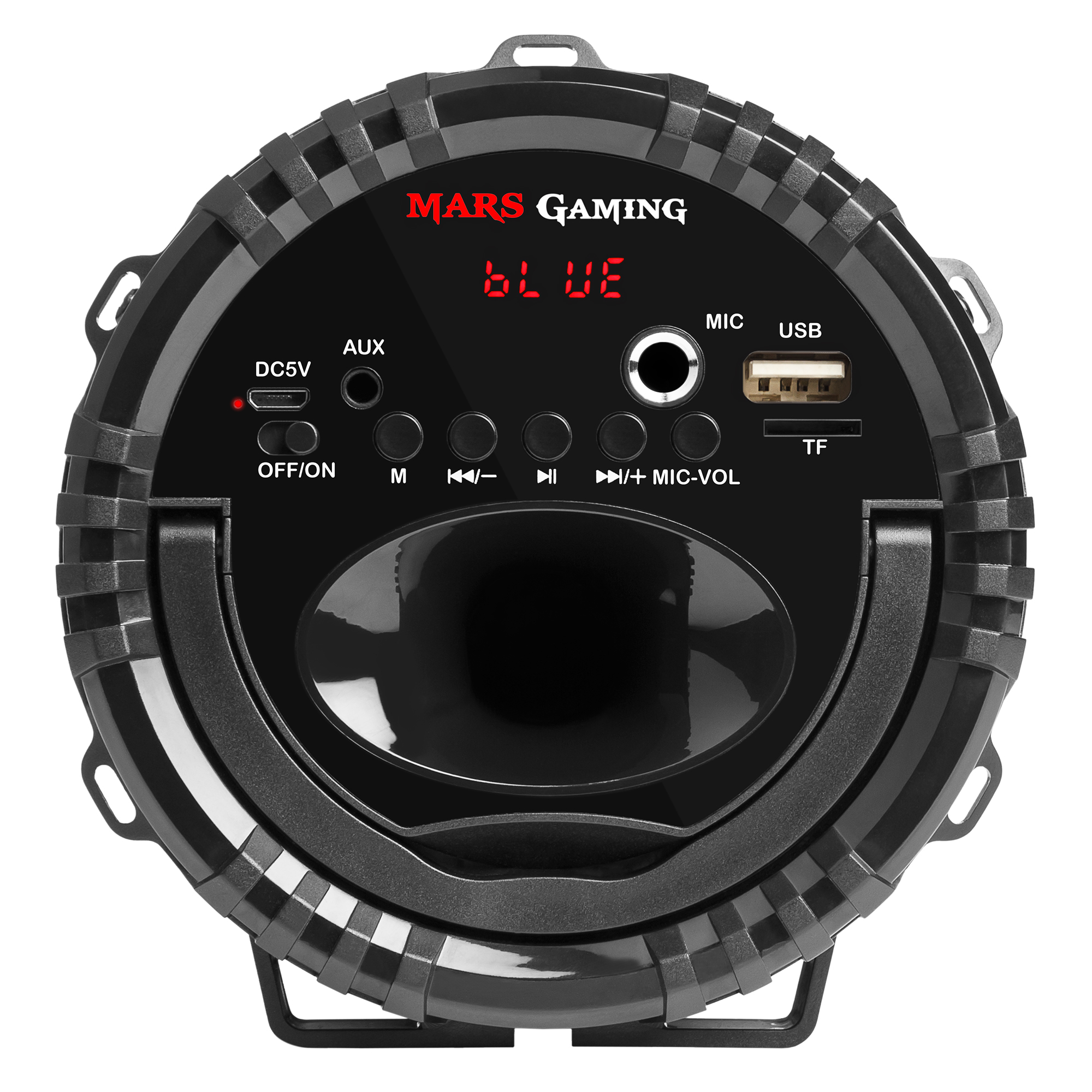 Altoparlante portatile nero con pulsanti e display. Il marchio è Mars Gaming.