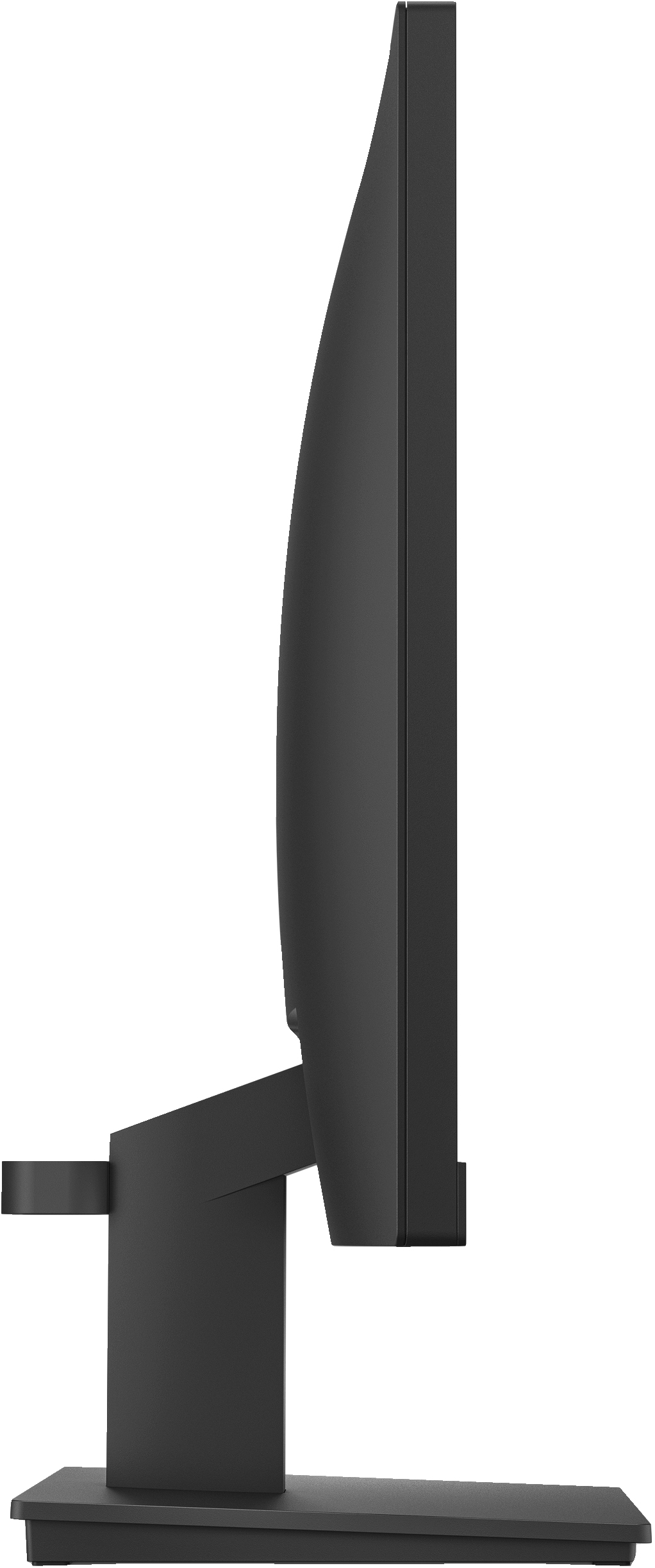 Zwarte computermonitor van de zijkant, met scherm en standaard. Het is een strak ontwerp.