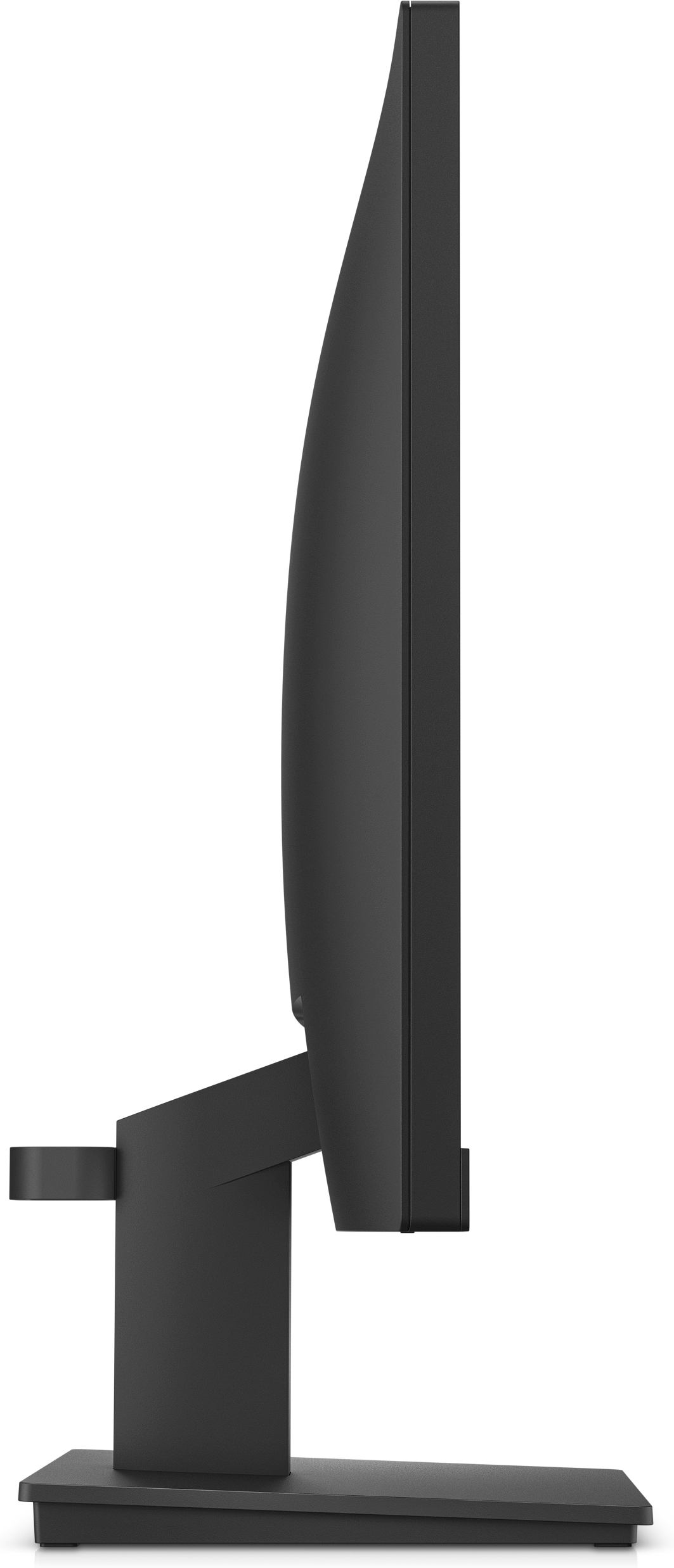 Zijaanzicht van een zwarte computermonitor. Het heeft een zwarte standaard. Het scherm is zwart.