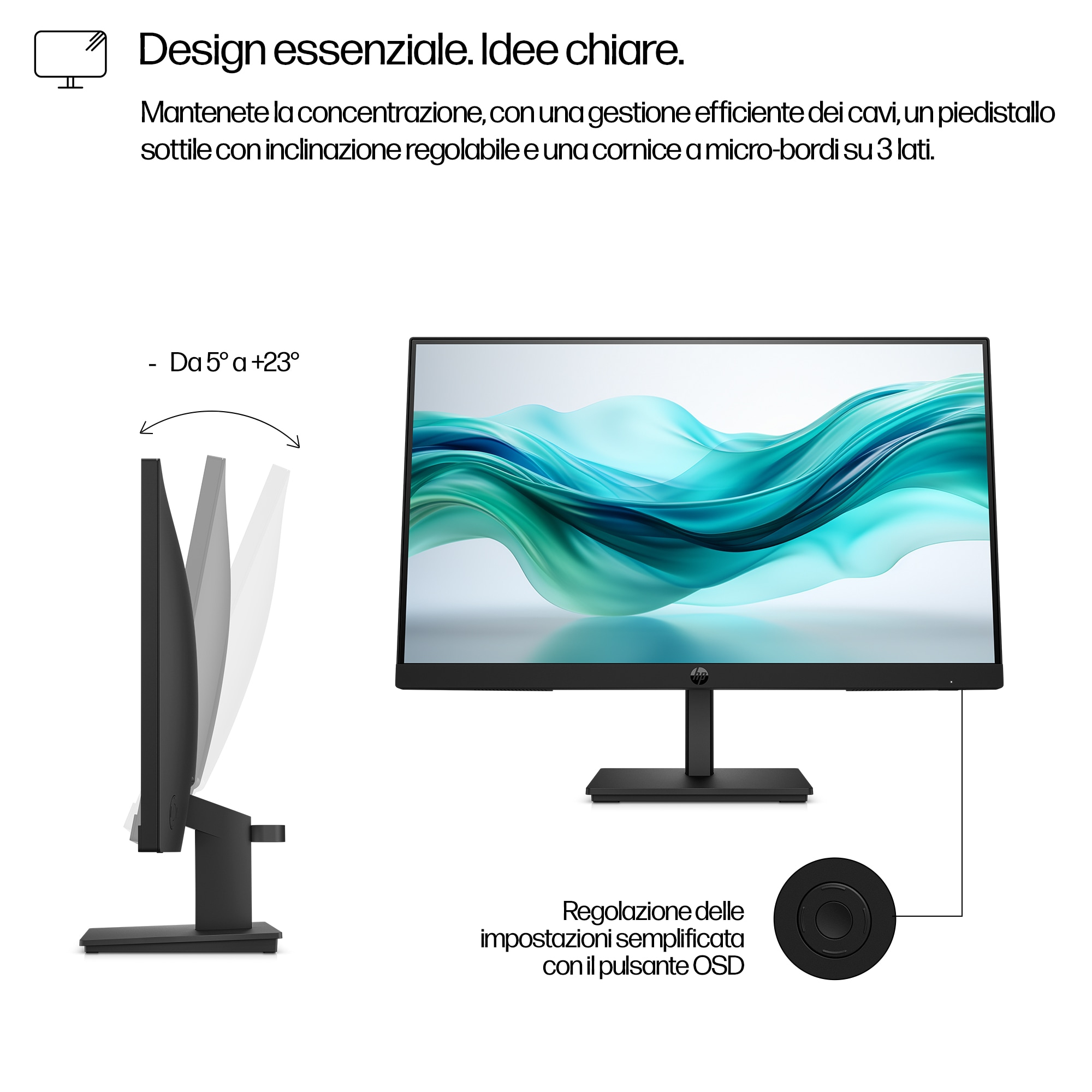 Een zwarte computermonitor met een standaard en een draaiknop.