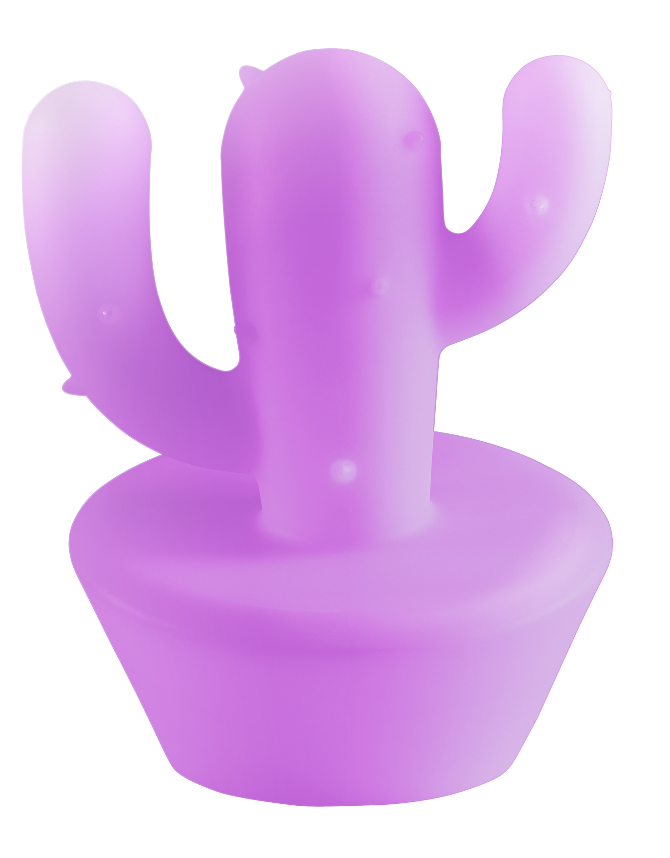 Fioletowa lampa w kształcie kaktusa na białym tle. Lampa ma zaokrągloną podstawę i dwa ramiona.