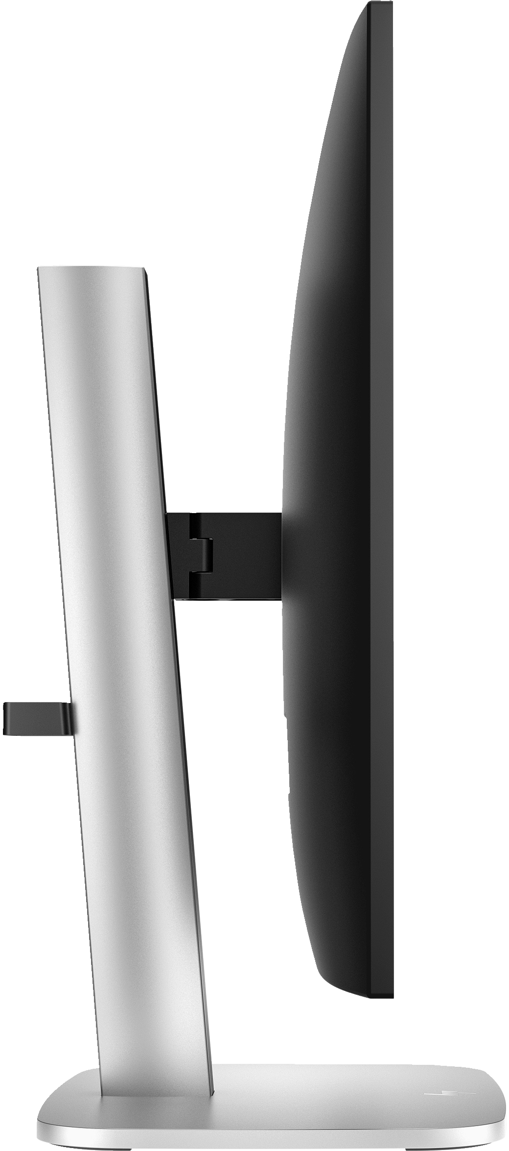 Widok z boku monitora komputerowego. Srebrna podstawa i czarny ekran. Prosty i elegancki design.