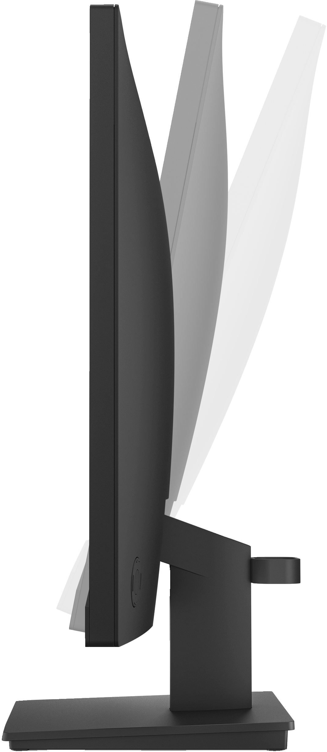 Czarny monitor komputerowy, widok z boku, regulowana podstawka. Monitor jest pochylony.