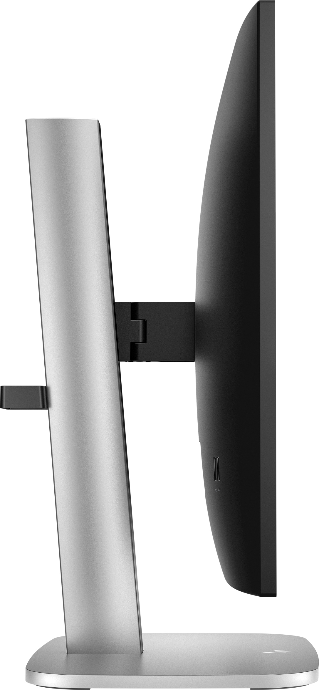 Widok z boku monitora komputera. Ma srebrną podstawę i czarny ekran.