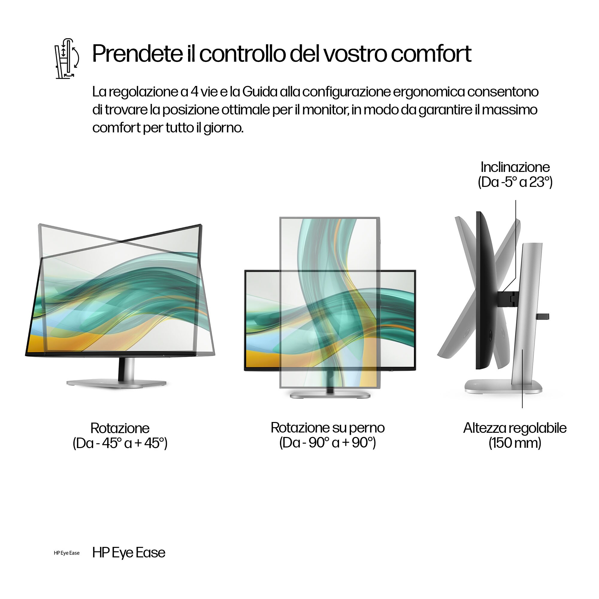 Schemat pokazujący opcje regulacji monitora. Zawiera obrót, obrót wokół osi i regulację wysokości z tekstem.