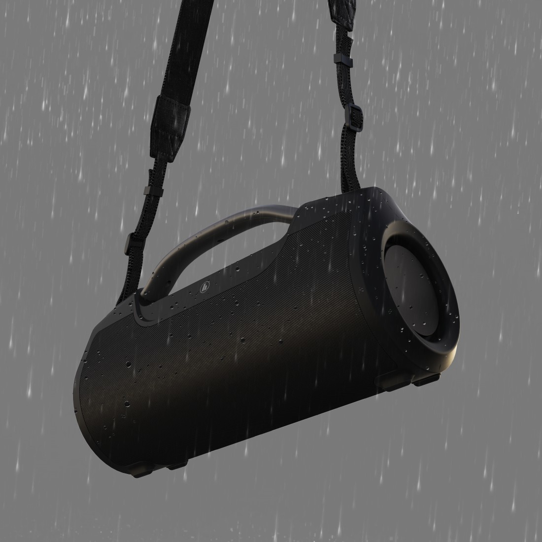 Czarny głośnik zwisający z czarnego paska w deszczu. Krople wody na głośniku.