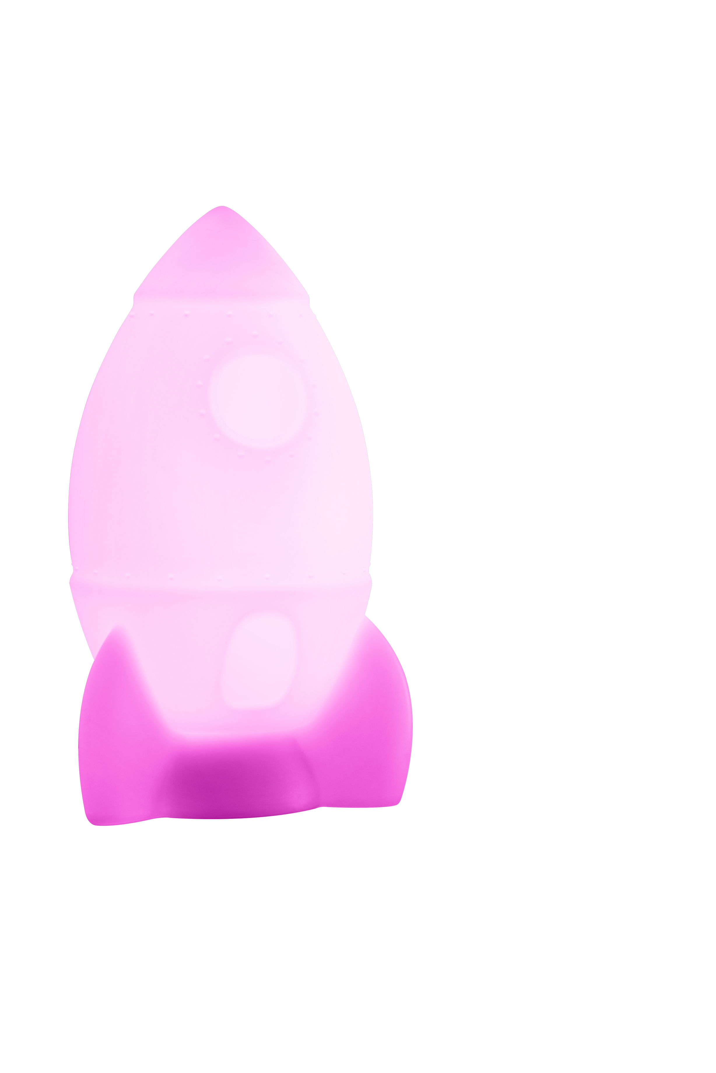 Różowa lampa w kształcie rakiety na białym tle. To lampka nocna dla dzieci.